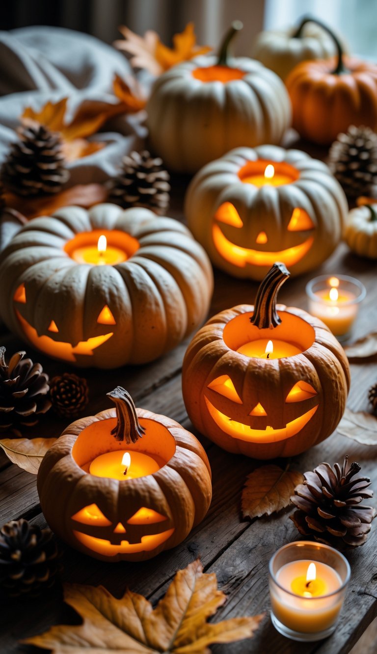 Carved pumpkins with lit votive candles arranged on a wooden table with autumn decorations.